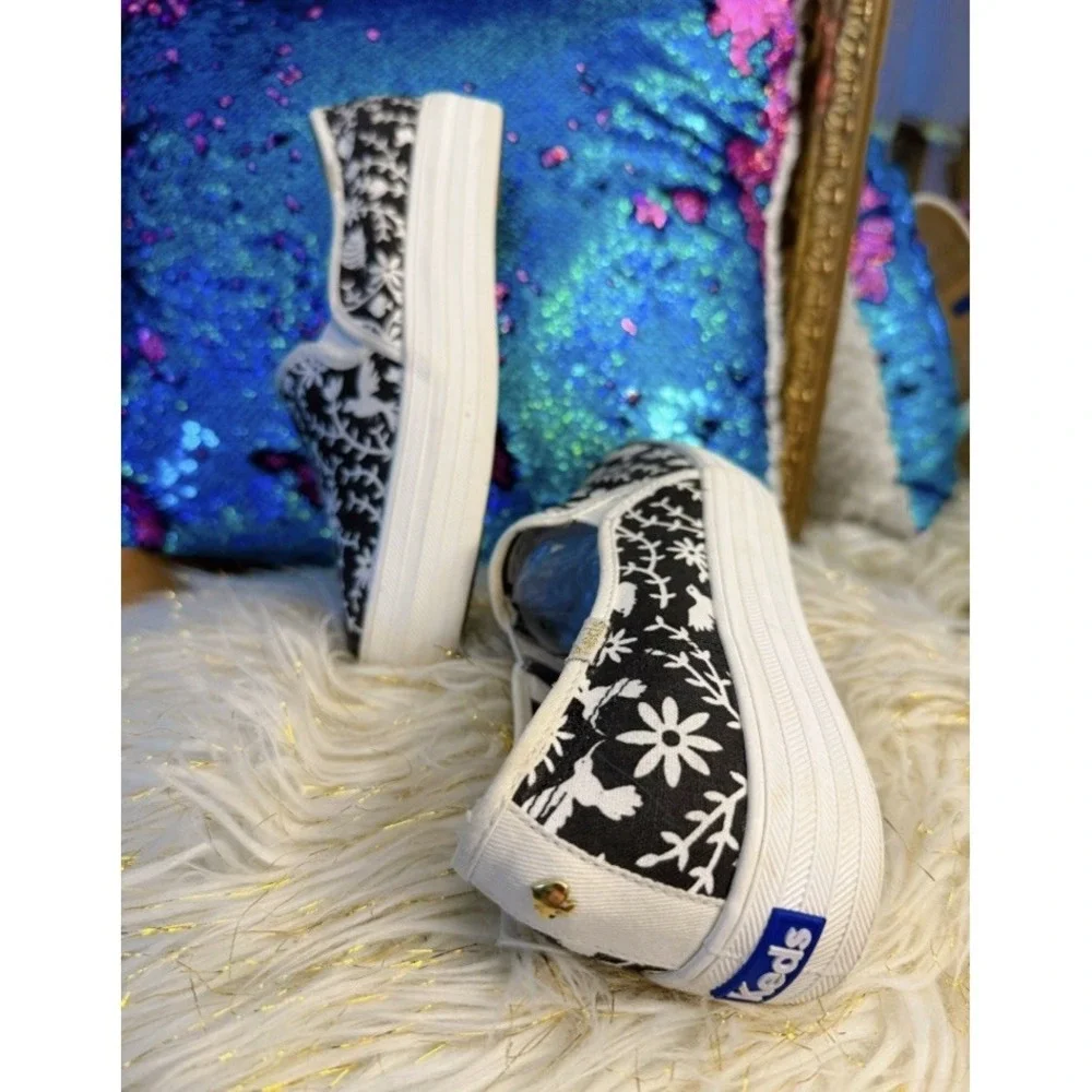 RARE Keds x Kate Spade Pheasant Floral Slip On Black White Womens Size 6